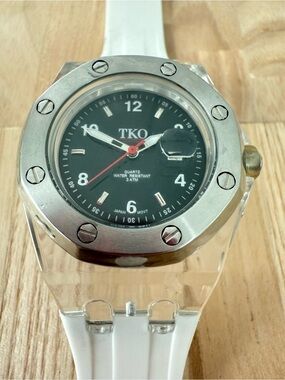 TKO ORLOGI transparent case and white strap watch NEW BATTERY